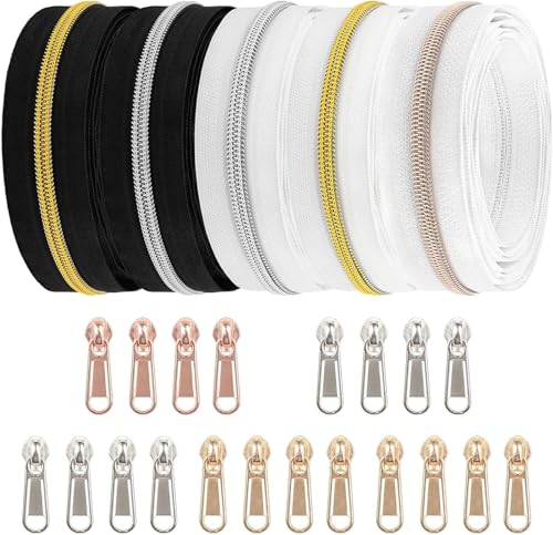 DOITEM 10 m Endlos Reißverschluss Meterware Schwarzes weißes Reissverschluss 6mm-Spirale + 20 Nonlock-Zipper (Roségold Silber Gold Teeth) von DOITEM