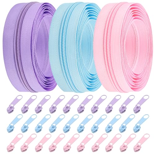 DOITEM 5 mm Reißverschluss 15 Meter Nylon Endlosreißverschluss Set mit Schieber und Zipper für Röcke, Rucksack, Heimtextilien (Helles Lila Hell-Pink Hellblau) von DOITEM