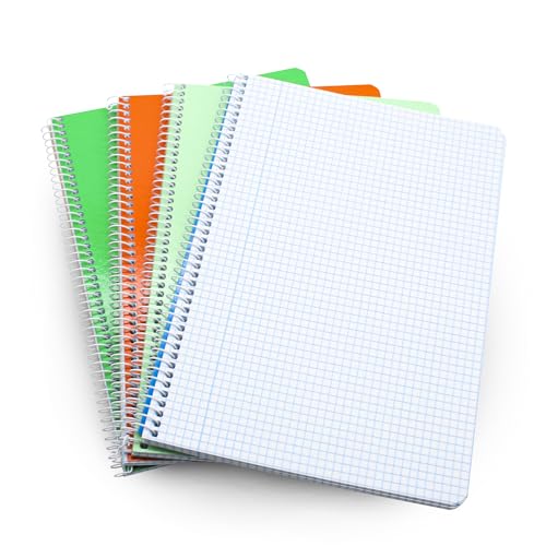 DOJA Barcelona | Notizbuch A5 Kariert | Notizheft A5 kariert mit Softcover | 4er Pack | 210x148mm | 80 Blätter | 4x4 mm | Farbige Notizbücher | Ringbuch weicher Einband, Spiralblock, Zufällige Farben von DOJA Barcelona