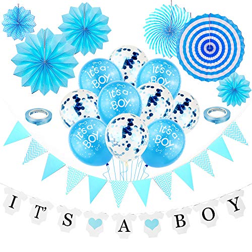 DOJoykey Babyparty Party Dekoration, It's A Boy Banner und Latex Ballons, Blaue Wimpelkette, 6 pcs Papierfächer, 5 Stück Luftballons mit innerem Konfetti für Baby Boy Party von DOJoykey