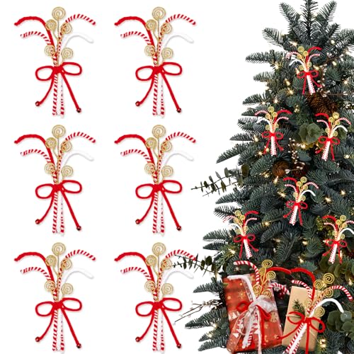 Set mit 6 roten und weißen Weihnachtsbaum-Dekorationen, Weihnachtsblumen, Woll-Weihnachtsbaumfüller und Plektren, Ornamente, Urlaubsdekorationen für Zuhause, Büro, Party von DOLEEYAE