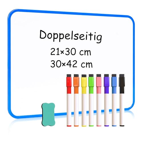 DOLLAR BOSS Doppelseitiges Whiteboard 21 x 30 cm, A4 Magnettafel Magnetwand, Klein Whiteboard Trocken Abwischbar Mini Whiteboard Magnetisch, Tragbares White Board mit 8 Stiften und 1 Radiergummi von DOLLAR BOSS