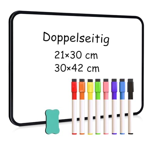 DOLLAR BOSS Doppelseitiges Whiteboard 21 x 30 cm, A4 Magnettafel Magnetwand, Klein Whiteboard Trocken Abwischbar Mini Whiteboard Magnetisch, Tragbares White Board mit 8 Stiften und 1 Radiergummi von DOLLAR BOSS