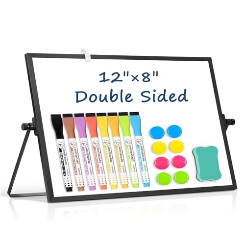 DOLLAR BOSS Kleines Whiteboard mit Ständer, 30,5 x 20,3 cm, magnetisches Whiteboard, doppelseitig, trocken abwischbar, tragbar, Whiteboard, Staffelei für Schule, Büro, Zuhause, 8 Marker, 8 Magnete, 1 von DOLLAR BOSS