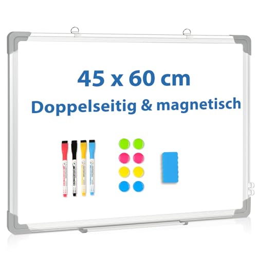 DOLLAR BOSS Magnetisches Whiteboard, 45X60CM Doppelseitiges Whiteboardmagnettafel Magnetpinnwand mit 2 Whiteboard Stifte, 8 Magnete and 1 White board Radiergummi, für Schule & Haus und Büro von DOLLAR BOSS