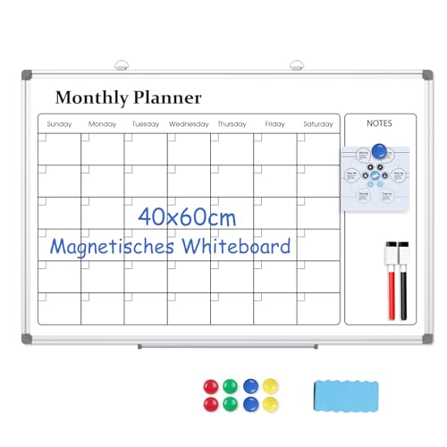 DOLLAR BOSS Magnettafet Monatlich Kalender Whiteboard, 40x60cm Magnetische Weiβe Tafel fur Wandaufhangung, 2 Stifte, 1 Stiftablage Radiergummi von DOLLAR BOSS