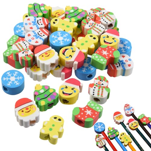 42 Stück Weihnachts-Radiergummis für Kinder, niedliche Kappen-Radiergummis, Mini-Weihnachts-Radiergummis, Aufsätze für Partygeschenke, Geschenktüten, Füller, Strumpffüller, Urlaubsgeschenke, von DOMG