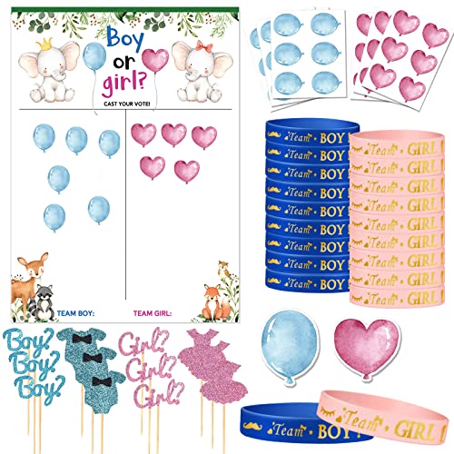 Gender Reveal Party Deko Geschlecht Verkünden 1 Stk Abstimmung Poster 36 Pcs Stickers 20 Pcs Team Girl or Boy Armbänder 13 Pcs Tortendeko Cake Cupcake Topper Spiele Mitgebsel für Enthüllung Party von DOMINICK