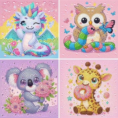 DOMROM 4er Set Diamond Painting Kinder, Niedliche Tiere 5D Full Diamant Painting Bilder Drache Koala Giraffe Eule Bastelset Edelsteinkunst Mädchen Junge Geschenke 6 7 8 9 10 11 12 Jahre, 15x15cm von DOMROM