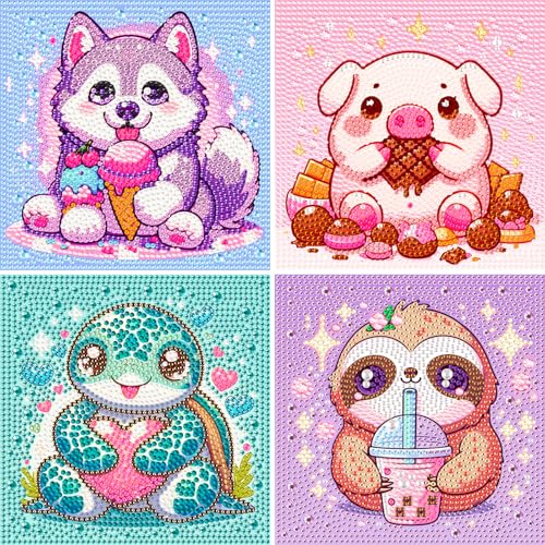 DOMROM 4er Set Diamond Painting Kinder, Niedliche Tiere 5D Full Diamant Painting Bilder Faultier Bastelset Edelsteinkunst Mädchen Junge Geschenke 6 7 8 9 10 11 12 Jahre, 15x15cm von DOMROM