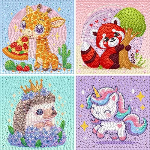 DOMROM 4er Set Diamond Painting Kinder, Niedliche Tiere 5D Full Diamant Painting Bilder Giraffe Roter Panda Igel Bastelset Edelsteinkunst Mädchen Junge Geschenke 6 7 8 9 10 11 12 Jahre, 15x15cm von DOMROM