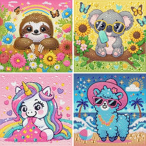 DOMROM 4er Set Diamond Painting Kinder, Niedliche Tiere 5D Full Diamant Painting Bilder Koala Faultier Alpaka Bastelset Edelsteinkunst Mädchen Junge Geschenke 6 7 8 9 10 11 12 Jahre, 15x15cm von DOMROM