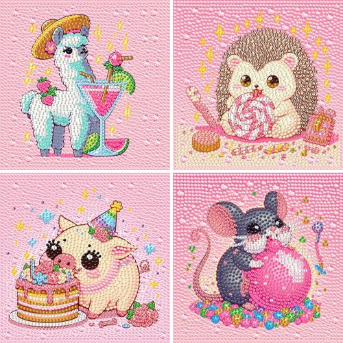 DOMROM 4er Set Diamond Painting Kinder, Tiere 5D Full Diamant Painting Bilder Igel Alpaka Bastelset Edelsteinkunst Mädchen Junge Geschenke 6 7 8 9 10 11 12 Jahre, 15x15cm von DOMROM