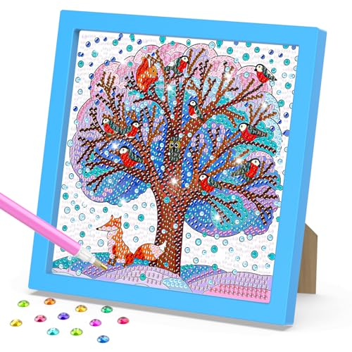 DOMROM Baum Diamond Painting Kinder mit Rahmen, 5D DIY Tier Diamond Painting Set Full Mosaic Making für Mädchen & Jungen Erwachsene, Diamant Painting Bilder Arts Craft für Home Wand Decor 18x18cm von DOMROM