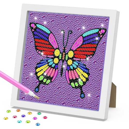 DOMROM Bunter Schmetterling Diamond Painting Kinder mit Rahmen, 5D DIY Diamond Painting Set Full Mosaic Making für Mädchen & Jungen, Diamant Painting Bilder Arts Craft für Home Wand Decor 18x18cm von DOMROM