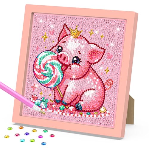 DOMROM Diamond Painting Kinder mit Rahmen, Diamond Painting Set Full Mosaic Making für Mädchen Jungen Erwachsene, Niedliches Schwein Diamant Malerei Diamant Painting Bilder Arts Craft für Home Decor von DOMROM