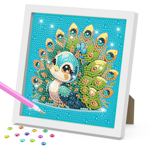 DOMROM Diamond Painting Kinder mit Rahmen, Pfau Diamond Painting Set Full Mosaic Making für Mädchen & Jungen Erwachsene, 5D Cartoon Diamant Malerei Diamant Painting Bilder Arts Craft für Home Decor von DOMROM