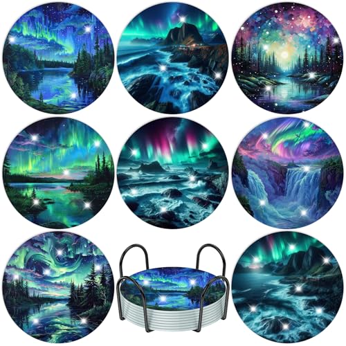 DOMROM Diamond Painting Untersetzer, 8 Stück Diamant Painting Untersetzer Mit Halter, Landschaft Diamond Painting Bilder Aurora Diamant Tassenuntersetze zum Basteln Erwachsene von DOMROM