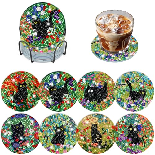 DOMROM Diamond Painting Untersetzer, 8 Stück Diamant Painting Untersetzer Mit Halter, Schwarze Katze Diamond Painting Bilder Blumen Diamant Tassenuntersetze zum Basteln Erwachsene von DOMROM