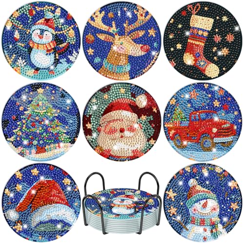 DOMROM Diamond Painting Untersetzer, 8 Stück Diamant Painting Untersetzer Mit Halter Schnee, Weihnachten Diamond Painting Bilder Winter Diamant Tassenuntersetze zum Basteln Erwachsene von DOMROM