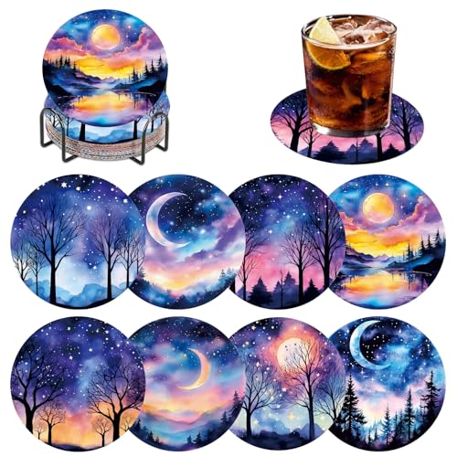 DOMROM Diamond Painting Untersetzer Landschaft, 8 Stück Diamant Painting Untersetzer Mit Halter, Nacht Sternenhimmel Diamond Painting Bilder Diamant Tassenuntersetze zum Basteln Erwachsene von DOMROM