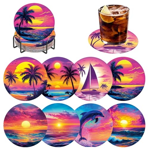 DOMROM Diamond Painting Untersetzer Landschaft, 8 Stück Diamant Painting Untersetzer Mit Halter, Sonnenuntergang Diamond Painting Bilder Meer Sommer Diamant Tassenuntersetze zum Basteln Erwachsene von DOMROM