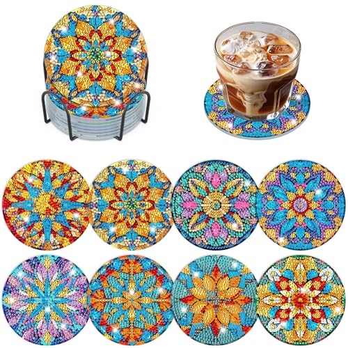 DOMROM Diamond Painting Untersetzer Mandala, 8 Stück Diamant Painting Untersetzer Mit Halter, Blumen Diamond Painting Bilder Diamant Tassenuntersetze zum Basteln Erwachsene von DOMROM