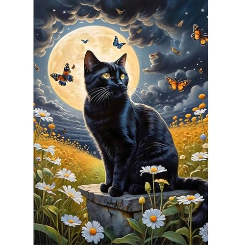 DOMROM Katze Diamond Painting Kits für Erwachsene, 5D Mond Diamant Painting, Schmetterling Blumen Diamond Art Kits Full Drill Gem Digitales Diamant Gemälde Stickerei für Gift Home Decoration 30x40cm von DOMROM