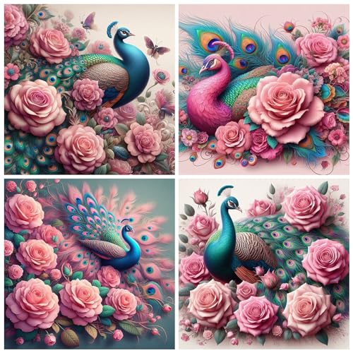 DOMROM Pfau 4 Pack Diamond Painting Kits für Erwachsene, 5D Tier Diamant Painting Bilder, DIY Blume Diamond Art Painting Full Drill Gem Digitales Diamant Gemälde Stickerei für Wall Decoration 30x30cm von DOMROM