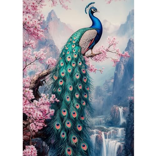 DOMROM Pfau Diamond Painting, Blumen Diamond Painting Erwachsene Kinder Wasserfall Diamond Painting Set, Landschaft Diamant Malerei Kit Diamond Art Erwachsene für Home Wand Dekor 30x40cm von DOMROM