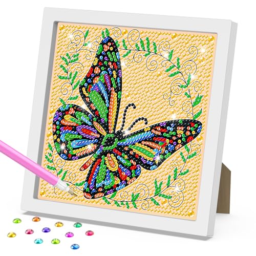 DOMROM Schmetterling Diamond Painting Kinder mit Rahmen, 5D Bunter Diamond Painting Set Full Mosaic Making für Mädchen & Jungen, Diamant Painting Bilder Arts Craft für Home Wand Decor 18x18cm von DOMROM