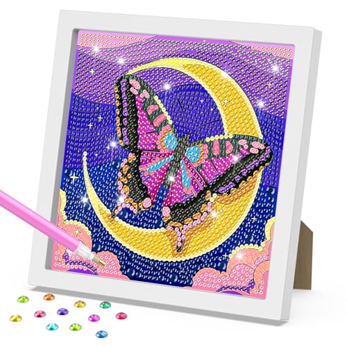 DOMROM Schmetterling Diamond Painting Kinder mit Rahmen, 5D Mond Diamond Painting Set Full Mosaic Making für Mädchen & Jungen Erwachsene, Diamant Painting Bilder Arts Craft für Home Wand Decor 18x18cm von DOMROM