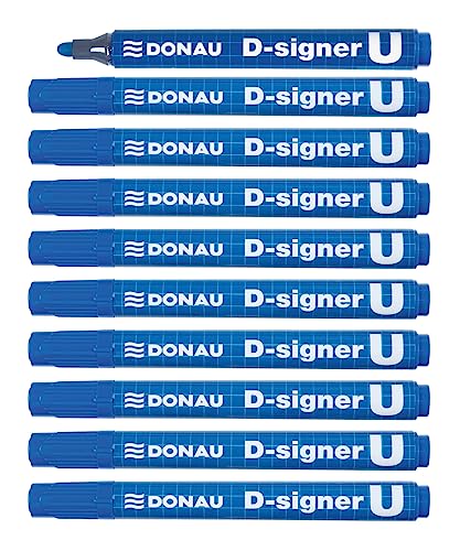 DONAU 7371001-10PL D-Signer U Permanentmarker / 10 Stück/Blau/Rundspitz 2-4mm (Strich) / Permanent Marker/Ungiftig/Wasserfest/auf Alkoholbasis von DONAU