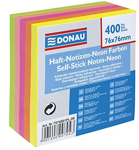 DONAU 7574001PL-99 Notes Haftnotizen Verschiedene Farben Neon Selbstklebewürfel Haftnotizzettel Sticky Notes 76x76mm, 1x400 Blatt, Notizblöcke quadratisch für Büro Schule von DONAU