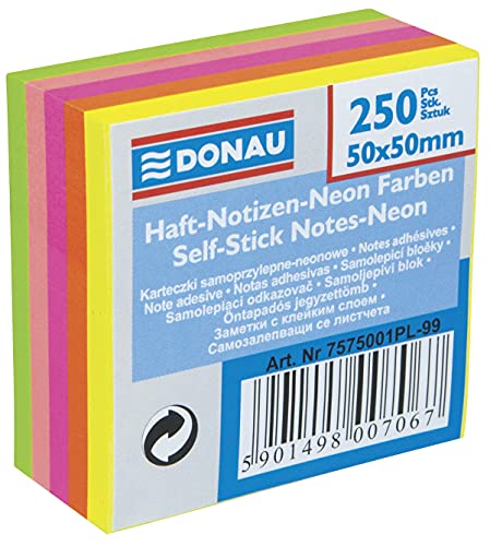 DONAU 7575001PL-99 Mini Notes Haftnotizen Verschiedene Farben Neon Selbstklebewürfel Haftnotizzettel Sticky Notes 50x50mm, 1x2500 Blatt, Notizblöcke quadratisch für Büro Schule von DONAU