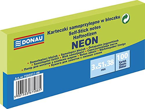 DONAU 7585011-06 Notes Würfel Haftnotizen Neon-Grün Selbstklebende Haftnotizzettel Sticky Notes 38x51mm, 3x100 Blatt, Notizblock klebend für Büro Schule von DONAU