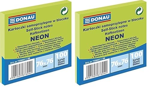 DONAU 7586011-06 DONAU 7586011-06 Notes Würfel Haftnotizen Neon-Grün Selbstklebende Haftnotizzettel Sticky Notes 76X76mm, 1x100 Blatt, Notizblock klebend für Büro Schule, grün neon (Packung mit 2) von DONAU