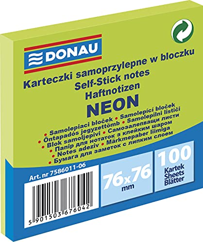 DONAU 7586011-06 DONAU 7586011-06 Notes Würfel Haftnotizen Neon-Grün Selbstklebende Haftnotizzettel Sticky Notes 76X76mm, 1x100 Blatt, Notizblock klebend für Büro Schule , grün neon von DONAU