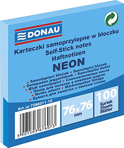 DONAU 7586011-10 Notes Würfel Haftnotizen Neon-Blau Selbstklebende Haftnotizzettel Sticky Notes 76X76mm, 1x100 Blatt, Notizblock klebend für Büro Schule, blau neon von DONAU