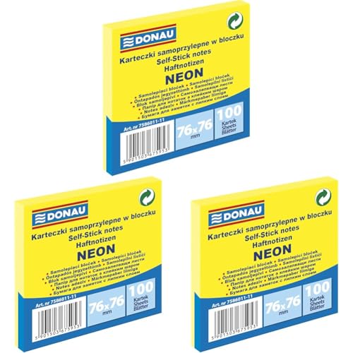 DONAU 7586011-11 Notes Würfel Haftnotizen Neon-Gelb Selbstklebende Haftnotizzettel Sticky Notes 76X76mm, 1x100 Blatt, Notizblock klebend für Büro Schule, gelb neon (Packung mit 3) von DONAU