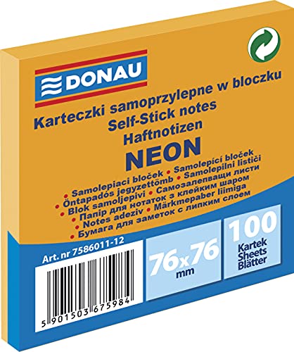 DONAU 7586011-12 Notes Würfel Haftnotizen Neon-Orange Selbstklebende Haftnotizzettel Sticky Notes 76X76mm, 1x100 Blatt, Notizblock klebend für Büro Schule, orange neon von DONAU