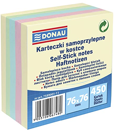 DONAU 7589001-11 Notes Haftnotizen Verschiedene Farben Selbstklebewürfel Haftnotizzettel Sticky Notes 76x76mm, 1x450 Blatt, Notizblöcke quadratisch für Büro Schule von DONAU