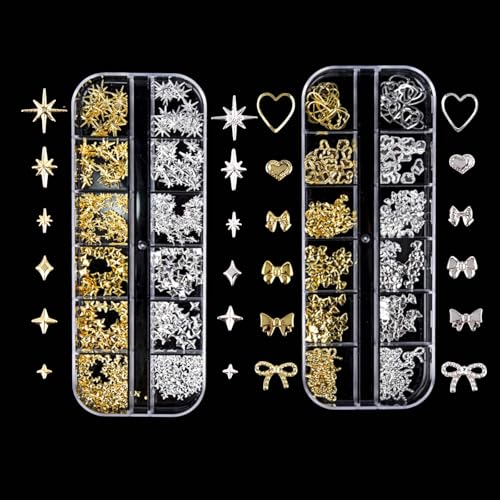 Gold Silber Schleifen Nail Charms, 2 Boxen Metall-Nagelkunst-Dekorationen, Legierungs-Nagel-Edelsteine mit Glitzersteinen für kreatives Nageldesign Zubehör (Gold + Silber) von DONGFENGLION