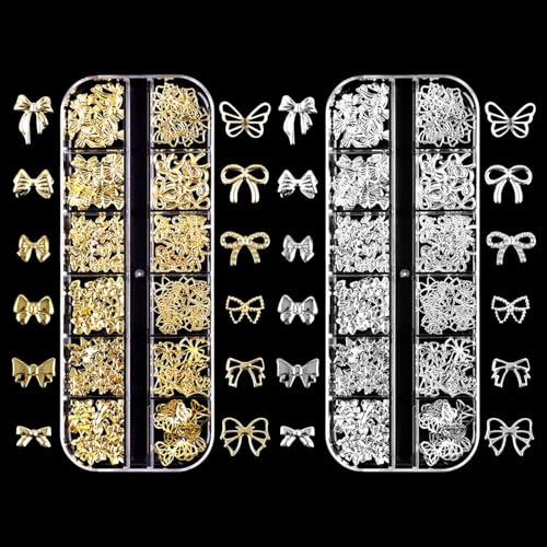 Gold Silber Schleifen Nail Charms, 2 Boxen Metall-Nagelkunst-Dekorationen, Legierungs-Nagel-Edelsteine mit Glitzersteinen für kreatives Nageldesign Zubehör (Gold + Silber) von DONGFENGLION