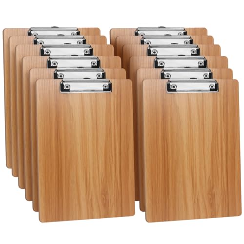 (12 Stück) Klemmbrett Holz A4,Schreibbrett Klemmbrett mit Metalklemme und Aufhängeose, A4 Clipboard Schreibplatte Klemmbretter für Büro,Restaurant,Schule von DONGLI