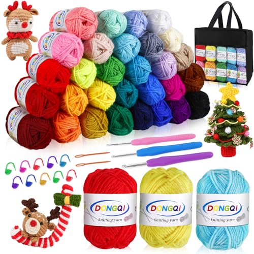 Acrylwolle Set, 30 Farben Wolle Set, Strickwolle aus Acryl, Wolle mit 3 Häkelnadeln, Wolle zum Stricken zur Herstellung von Haustierkleidung, Plüschtiere, Häkeln und Häkeln (25g) von DONGQI