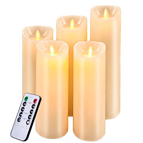 LED Kerzen Flammenlose Kerzen Set von5 Flammenlose Kerzen Batteriebetriebene Kerzen 12/15/17/20/22CM Set aus 5 Echtwachssäule Kerzen Flackern mit Fernbedienung und Timer-Steuerung, 300+ Stunden von DONGQI