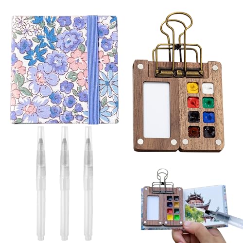 Mini Aquarell Travel Set,Portable Skizzenbuch Palette Set,Watercolor Paint Set, Holz Reise Malpalette Malkasten für Gouache mit Aquarellpapier Journal, Aquarellpinsel Stifte und EIN Clip(8 Gitter) von DONOONIS