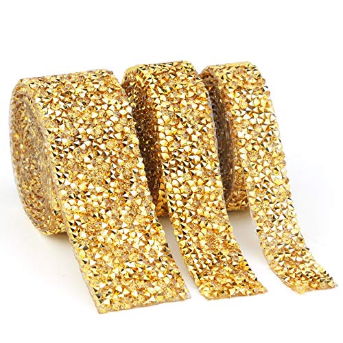 DONQL 3 Rollen Diamant Strass Band Kunststoff Diamant Mesh Strassband zum Aufbügeln Kristall Strass Band Länge 15/20/30MM Perfekt für Hochzeitstorten und Verschiedene Handwerk 90CM Lange (Gold) von DONQL