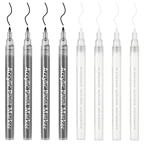 DONQL 8Pcs Lackstift Weiß Schwarz Stift 0.7mm Acrylstifte Für Steine Wasserfest Permanent Marker Acrylic Paint Marker 4 Acrylstifte Weiß & 4 Acrylstifte Schwarz Stifte Metallic für Holz von DONQL